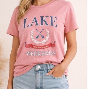 Pink Lily Lake Weekends Graphic Tee Pink Short Sleeve Cotton Shirt Womens S